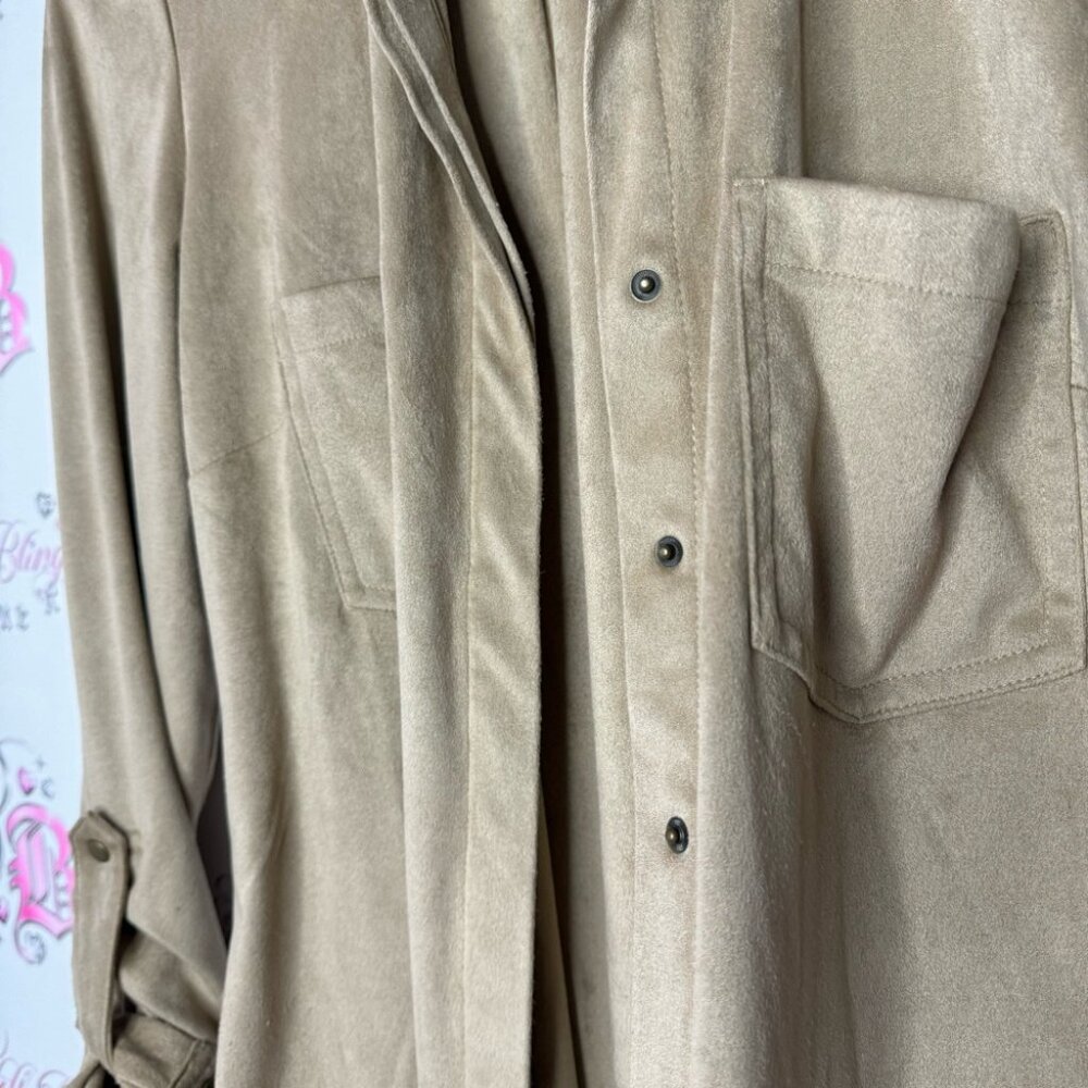 Le chateau button down blouse suede style feel fabric taupe grey brown gray - Picture 14 of 16